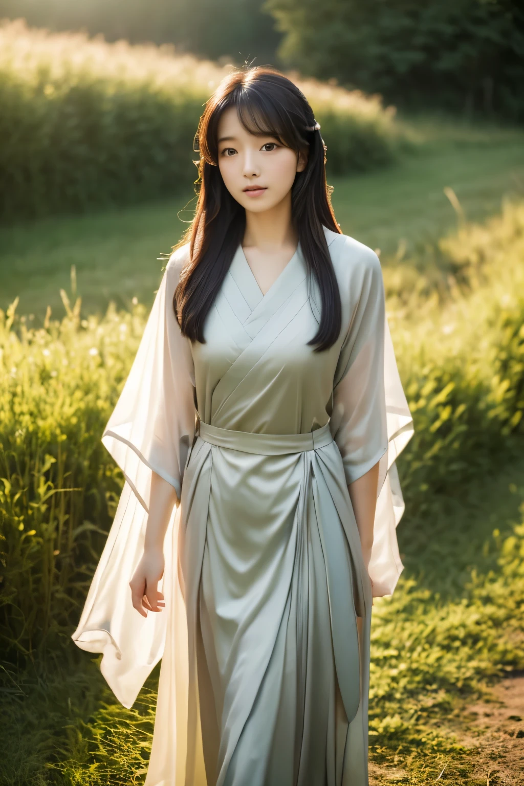 (masterpiece, high-level image quality, high quality), (Mystical scene:1.5, Nature; hymn of:1.4, natural mountain of wood, mountain stream), Japanese woman, modeled, Good looks, Perfect, sad, Black hair swaying in the wind, transparent silk garment, Heavenly daughter, suns, ,somewhere on the earth, 