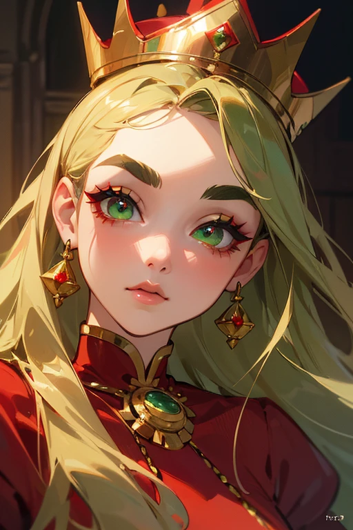 (highest quality, masterpiece:1.2), High resolution, Very detailed, Realistic:1.37, Fantasy, An illustration, Green Eyes、Queen, Red dress.Platinum decoration、beautifully、Eyeshadow Red、Thick eyebrows、Long eyelashes、pupils are black、Her hair is light green、Gold crown、Kissing Face、Surprised face、