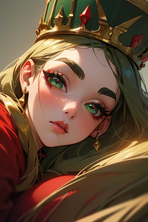 (highest quality, masterpiece:1.2), High resolution, Very detailed, Realistic:1.37, Fantasy, An illustration, Green Eyes、Queen, Red dress.Platinum decoration、beautifully、Eyeshadow Red、Thick eyebrows、Long eyelashes、pupils are black、Her hair is light green、Gold crown、Kissing Face、Surprised face、