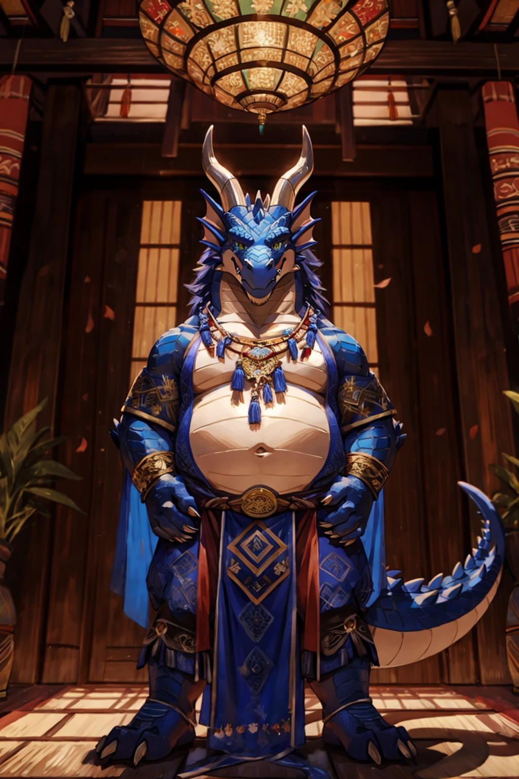 Anthropomorphic male dragon, His body is decorated with luxurious lace underwear, Highlight his muscular body and sharp claws. Wrap his body tightly, Showing the outline of the chest, abdomen, and weapons, Stretch and Elegance, Delicate lace pattern glitters in the light、dance to tune. dragon'Tail, Long-lasting and powerful, In sharp contrast to the gorgeous clothing. He has a gold nipple ring,Connected with a delicate chain, Drawing attention to his protruding chest,Emphasizes his charming masculinity. dragon'Eyes are attractive, Full of confidence and, Highlight underwear and decorative embellishments. The background of this photo is a luxurious bedroom, Equipped with luxurious furniture and soft, Create an atmosphere of indulgence and sensuality.