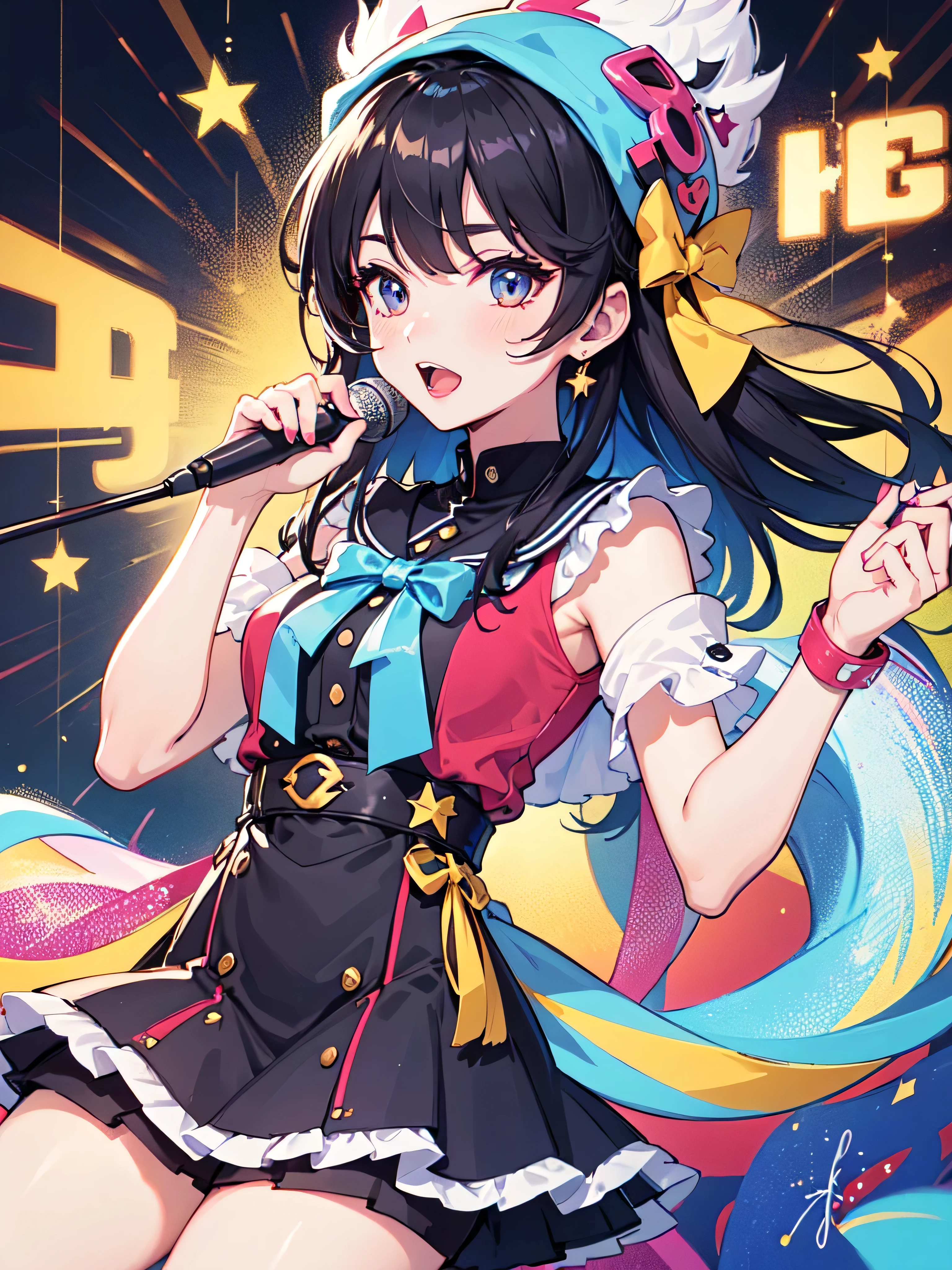 The prettiest and most beautiful K-pop female diva, Singing on the Gondola Live Stage,
break,
Face close-up, Singing scene, Dress scene, Looking at the audience,
break,
Represent the diva in bright colors, Diva dress in colorful colors, Expressing the diva's singing voice with warm colors
