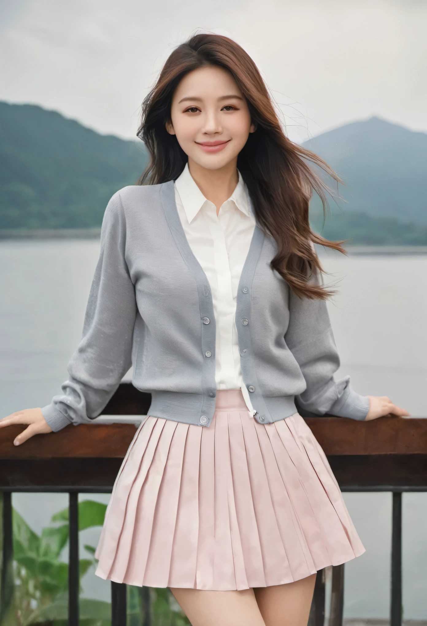 (masterpiece:1.2, highest quality), (Realistic, photoRealistic:1.4), Beautiful illustrations, (Natural Side Lighting, Cinema Lighting), 
View your viewers, Cowboy Shot, Front view:0.6, 1 girl, Japanese, high school girl, Perfect Face, Cute and symmetrical face, Shiny skin, 
(Long Hair:1.4, High Ponytail:1.7, Light brown hair), Hair between the eyes, Emerald green eyes, Long Eyelashes, (Large Breasts:0.9, Thick thighs), 
Beautiful Hair, Beautiful Face, Beautiful fine details, Beautiful clavicle, Beautiful body, Beautiful breasts, Beautiful thighs, Beautiful feet, Beautiful fingers, 
((White collared shirt with long sleeves, Navy Pleated Mini Skirt, Navy them, Light Gray Cardigan)), Pink Panties, 
(Beautiful views), evening, River side, walking, Place your hand on your chest, (Cute smile, Upward glance), 