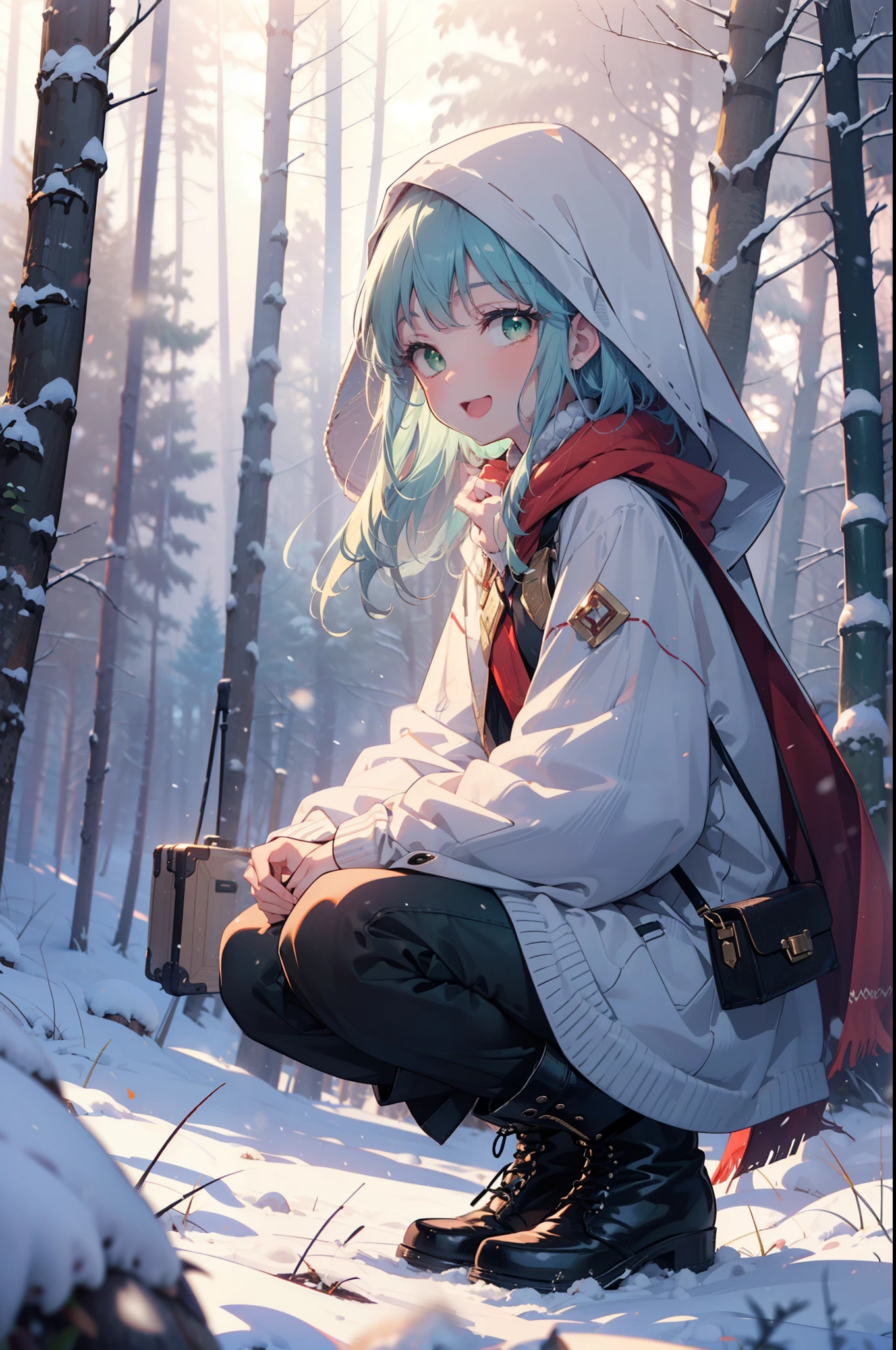 index, index, (Green Eyes:1.5), Blue Hair, Long Hair, (Flat Chest:1.2),happy smile, smile, Open your mouth,
Open your mouth,snow, fire, Outdoor, boots, snowing, From the side, wood, suitcase, Cape, Blurred, Food Up, forest, White handbag, nature,  Squat, Mouth closed, フードed Cape, winter, Written boundary depth, Black shoes, red Cape break looking at viewer, Upper Body, whole body, break Outdoor, forest, nature, break (masterpiece:1.2), highest quality, High resolution, unity 8k wallpaper, (shape:0.8), (Beautiful and beautiful eyes:1.6), Highly detailed face, Perfect lighting, Extremely detailed CG, (Perfect hands, Perfect ???????),