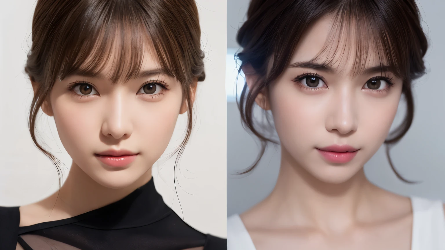 One Girl, (Dress in trendy fashion:1.2), (RAW Photos, highest quality), (Realistic, Photorealistic:1.4), Tabletop, Very delicate and beautiful, Very detailed, 2k wallpaper, wonderful, In detail, Very detailedな CG Unity 8K 壁紙, Very detailedな, High resolution, Soft Light, Beautiful detailed girl, looking at the camera、Very detailedな目と顔, Beautifully detailed nose, Beautiful fine details, Long Hair, small, Light black dress、White background、Background is white、Cinema Lighting, Perfect Anatomy, Slender body, smile,