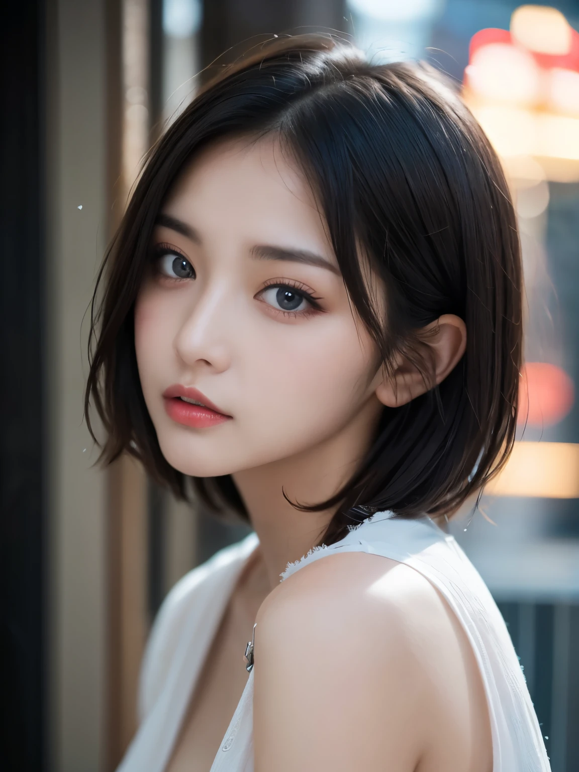 Ulzzang-6500-v1.1, (RAW Photos:1.2), (Photorealistic), (See-through:1.3), (Genuine:1.4), (Pieces fly:1.3), beautiful women, actress, masterpiece, 90&#39;Atmosphere of, Cutting-edge appearance, Thunderstorm night、Heavy rainy night、Wet、Sticky、highest quality, Very detailed, Photorealistic, Shining Eyes, Detailed face, clavicle, beautiful eyes, black eye, detailed eyeshadow, Chestnut Hair, Lip gloss, Pink Lip, compensate, (charm:1.5), Sharp focus, Clear Eyes, hunter's eyes, eyelash, whole body, (Wavy Hair:1.1),(short hair:1.3), Sexy Shirt,(beautiful:1.5)