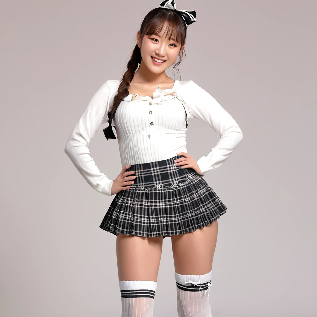 1 Girl,Young face,１6 ,,A big smile,16mm, ローライズでチェックの超Micro mini pleated skirt,american school,Belly button exposed,Pose with one hand on hip and butt sticking out,Garter Stockings，Big, round hips，2mm, Full Frame, wide, (highest quality), Professional Lighting, (ultra High Resolution), High Resolution, (Cinematic lighting), 4k, 8k, masterpiece, Low angle view from under the feet，White knee-high socks,Garter Stockings，Big tits black pumps，Realistic Light, Natural light, Realistic Shadows, masterpiece, (highest quality:1.2), [:Intricate details:0.2], Large Breasts, Looking up from under your feet, Sparkling Aura, Intense concentration, Shining Mote,Korean Idol，Micro mini pleated skirt，Low-rise checkered mini skirt,Charming smile，White ribbon，Cleavage，ponytail，Skirt fluttering in the wind，，
