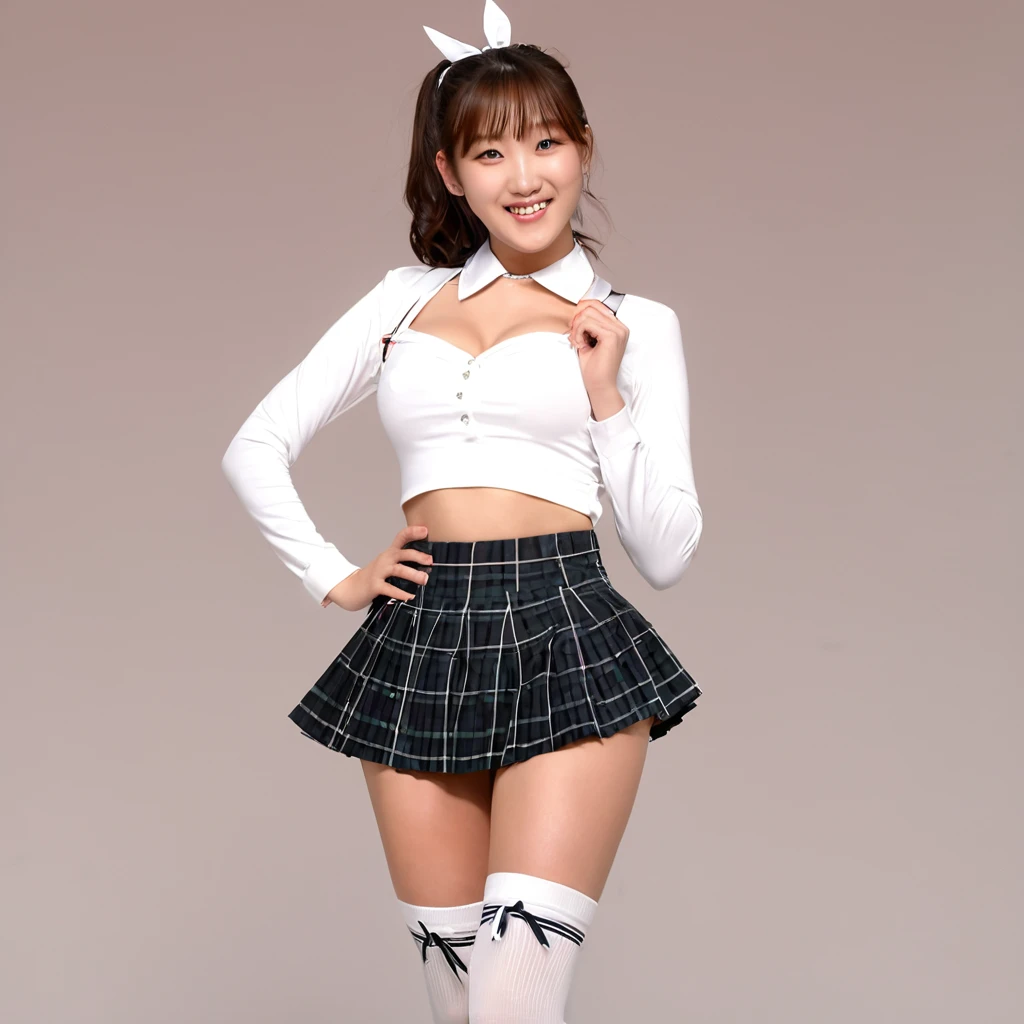 1 Girl,Young face,１6 ,,A big smile,16mm, ローライズでチェックの超Micro mini pleated skirt,american school,Belly button exposed,Pose with one hand on hip and butt sticking out,Garter Stockings，Big, round hips，2mm, Full Frame, wide, (highest quality), Professional Lighting, (ultra High Resolution), High Resolution, (Cinematic lighting), 4k, 8k, masterpiece, Low angle view from under the feet，White knee-high socks,Garter Stockings，Big tits black pumps，Realistic Light, Natural light, Realistic Shadows, masterpiece, (highest quality:1.2), [:Intricate details:0.2], Large Breasts, Looking up from under your feet, Sparkling Aura, Intense concentration, Shining Mote,Korean Idol，Micro mini pleated skirt，Low-rise checkered mini skirt,Charming smile，White ribbon，Cleavage，ponytail，Skirt fluttering in the wind，，
