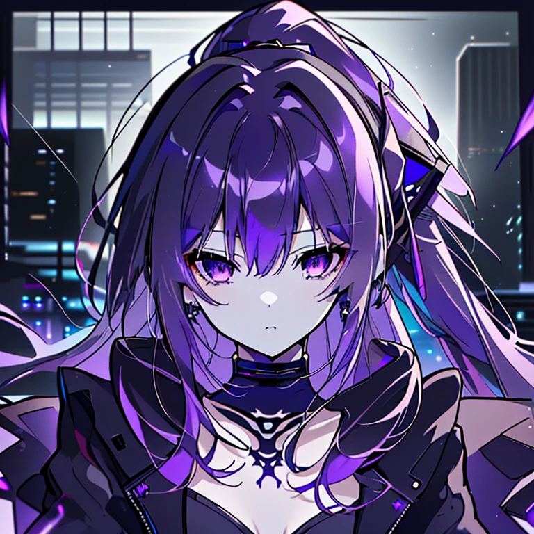 (highest quality,High resolution,Super detailed,wonderful,Attention to detail,masterpiece)Purple Hair,Long Hair,ponytail,Purple Eyes,Cool Beauty,Sharp Eyes,Cinema Lighting,Night view,building,City,cyber punk,butterfly,Earrings,choker,cool,gorgeous,Black Nails,Black jacket