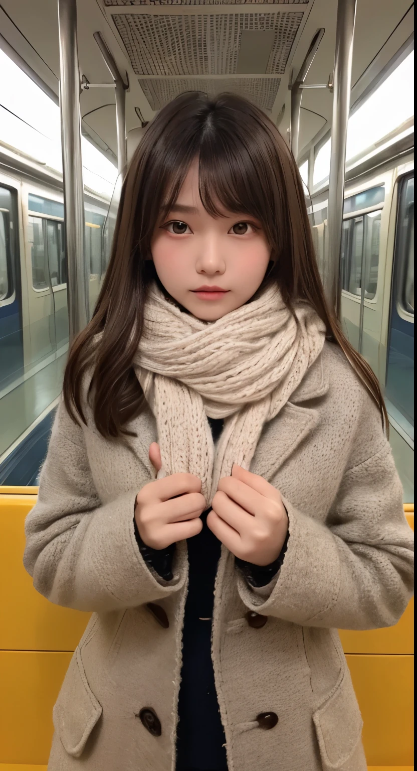 masterpiece, highest quality, One Girl, (beautiful girl, Delicate girl:1.3), (:1.3), Extremely fine resolution, (Symmetrical eyes:1.3), (Inside the train), (knit, scarf, Long coat:1.3), Small breasts, Brown eyes, Parted bangs, Brown Hair, , (Eye and facial details:1.1)