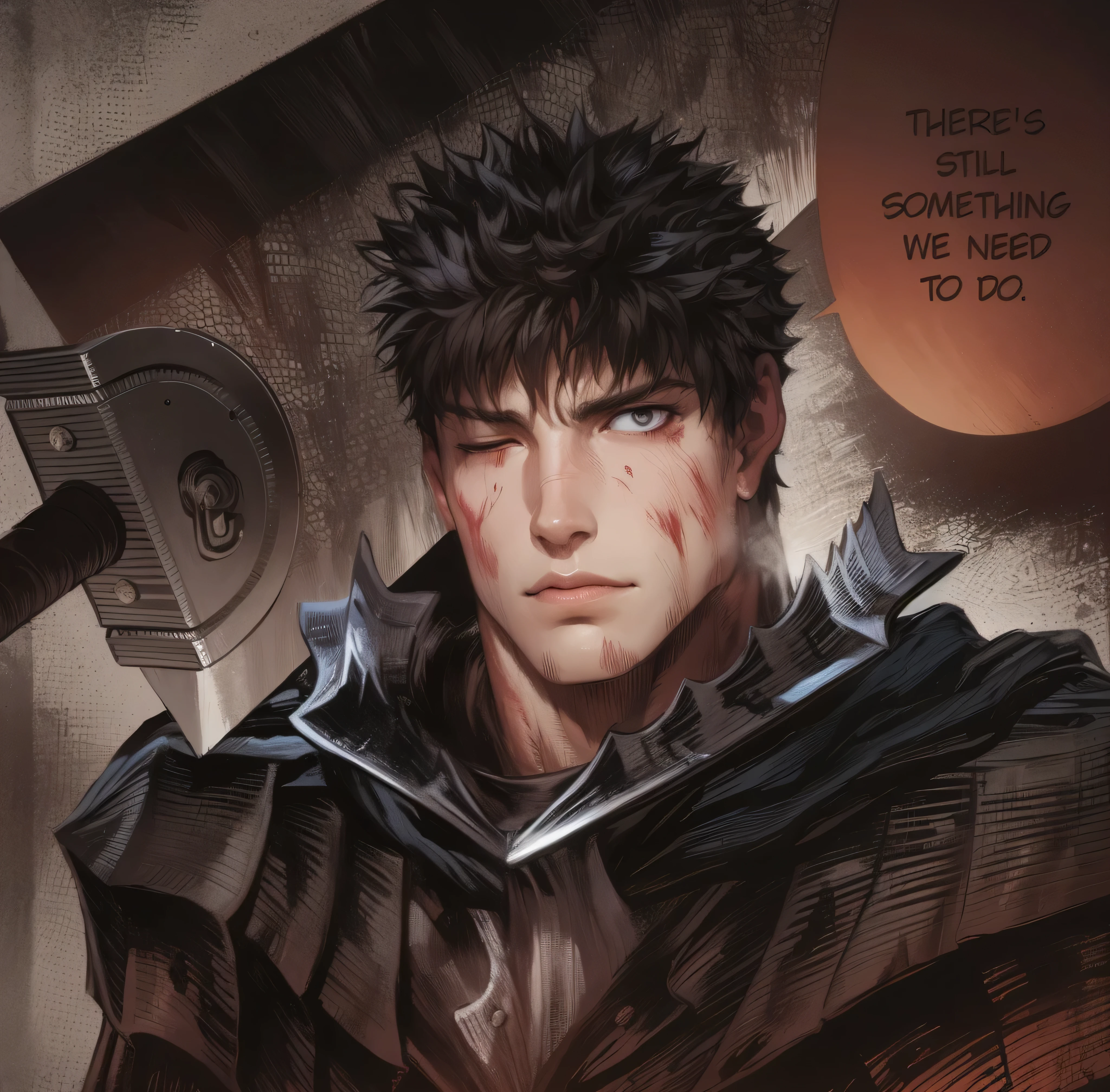 illustration of a man, cloudy sky, holding a silver sword, wounds on face, blood on face, medieval armor, left eye closed, left eye shut,an illustration inspired by Kanō Hōgai, tumblr, romanticism, in berserk manga, from berserk, portrait of guts from berserk, guts from berserk, berserk manga, guts berserk, berserk art style, the sandman from graphic novel, berserk guts