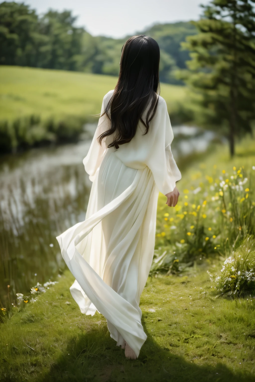 (masterpiece, high-level image quality, high quality), (Mystical scene:1.5, Nature; hymn of:1.4, natural mountain of wood, mountain stream), Japanese woman, modeled, Good looks, Perfect, sad, Black hair swaying in the wind, transparent silk garment, Heavenly daughter, suns, ,somewhere on the earth,