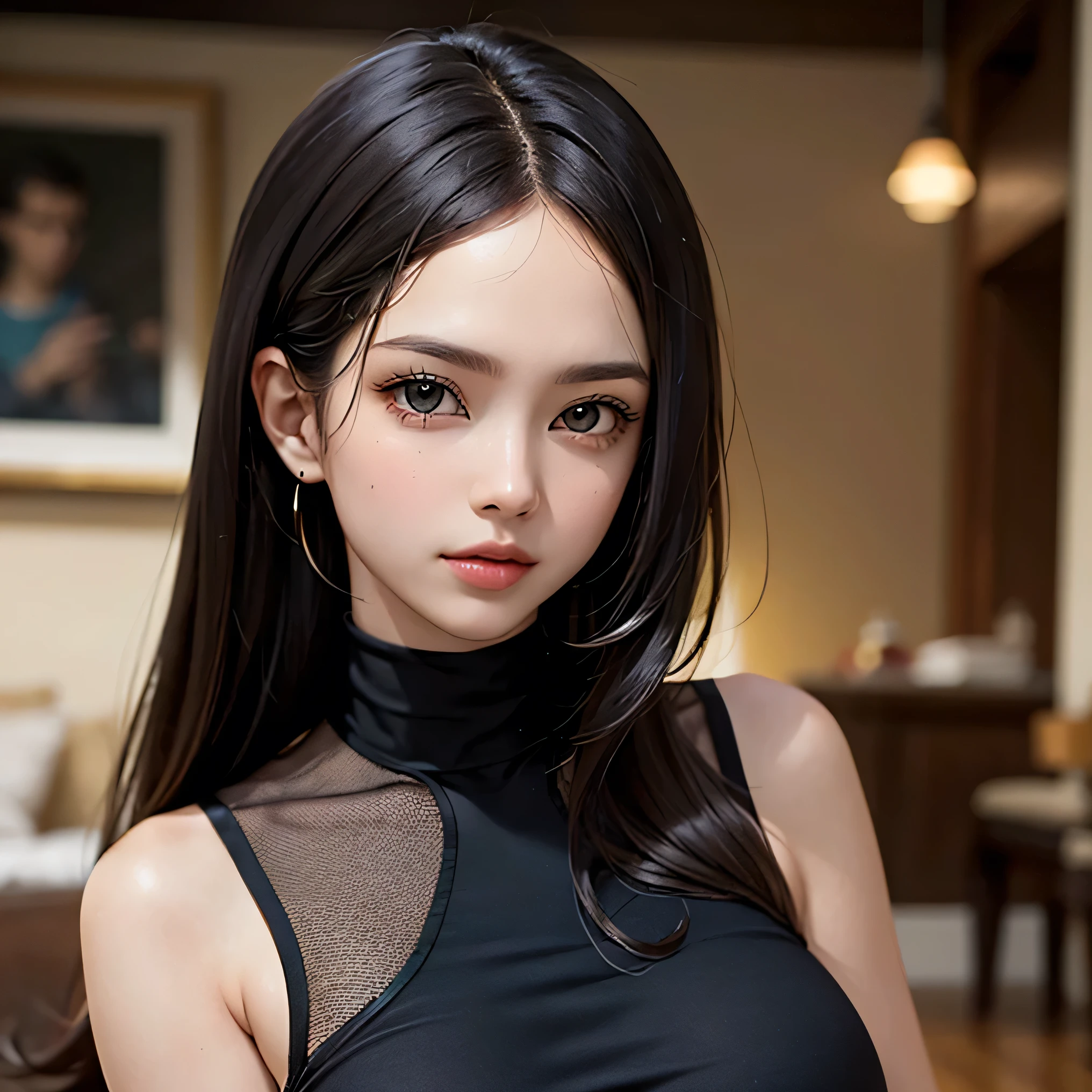 (Obra de arte, melhor qualidade:1.2),mulher de cabelo ondulado, Lonely,olhos requintados,Cabelo preto delicado,Sombra encantadora( pessoa negra:1.2)( pele escura:1.2),homem africano,( pele macia:1.2)( Use um uniforme de empregada:1.2), Slender body proportions,Sexy and wet full lips,pernas longas,dedos perfeitos,Sit on the sofa,Salto alto