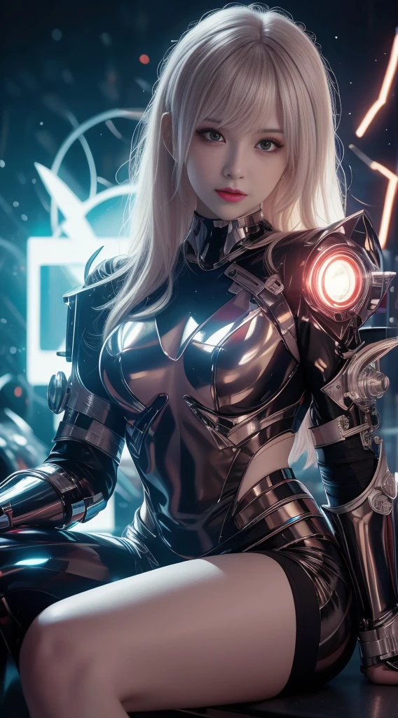 8K  UHD, materpiece, A beautiful girl, A detailed eye, Good face, Fine eyebrows, Cyberpunk costumes, Lightning costume, Cyberpunk, Cyberspace, Cyberpunk shiny colored background, neon-light-effect, Extended lighting, red lighting, Sitting, Body capture,