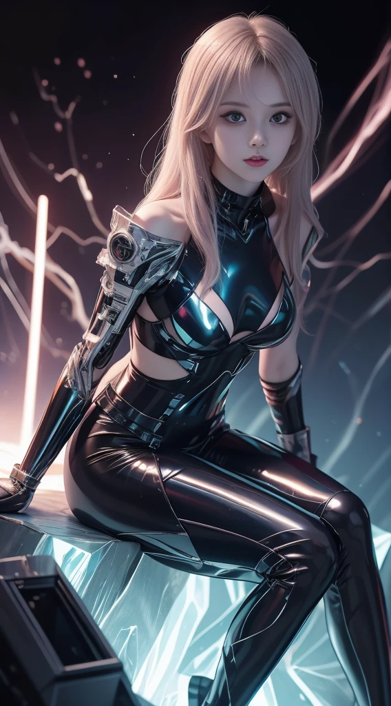 8K  UHD, materpiece, A beautiful girl, A detailed eye, Good face, Fine eyebrows, Cyberpunk costumes, Lightning costume, Cyberpunk, Cyberspace, Cyberpunk shiny colored background, neon-light-effect, Extended lighting, red lighting, Sitting, Body capture,