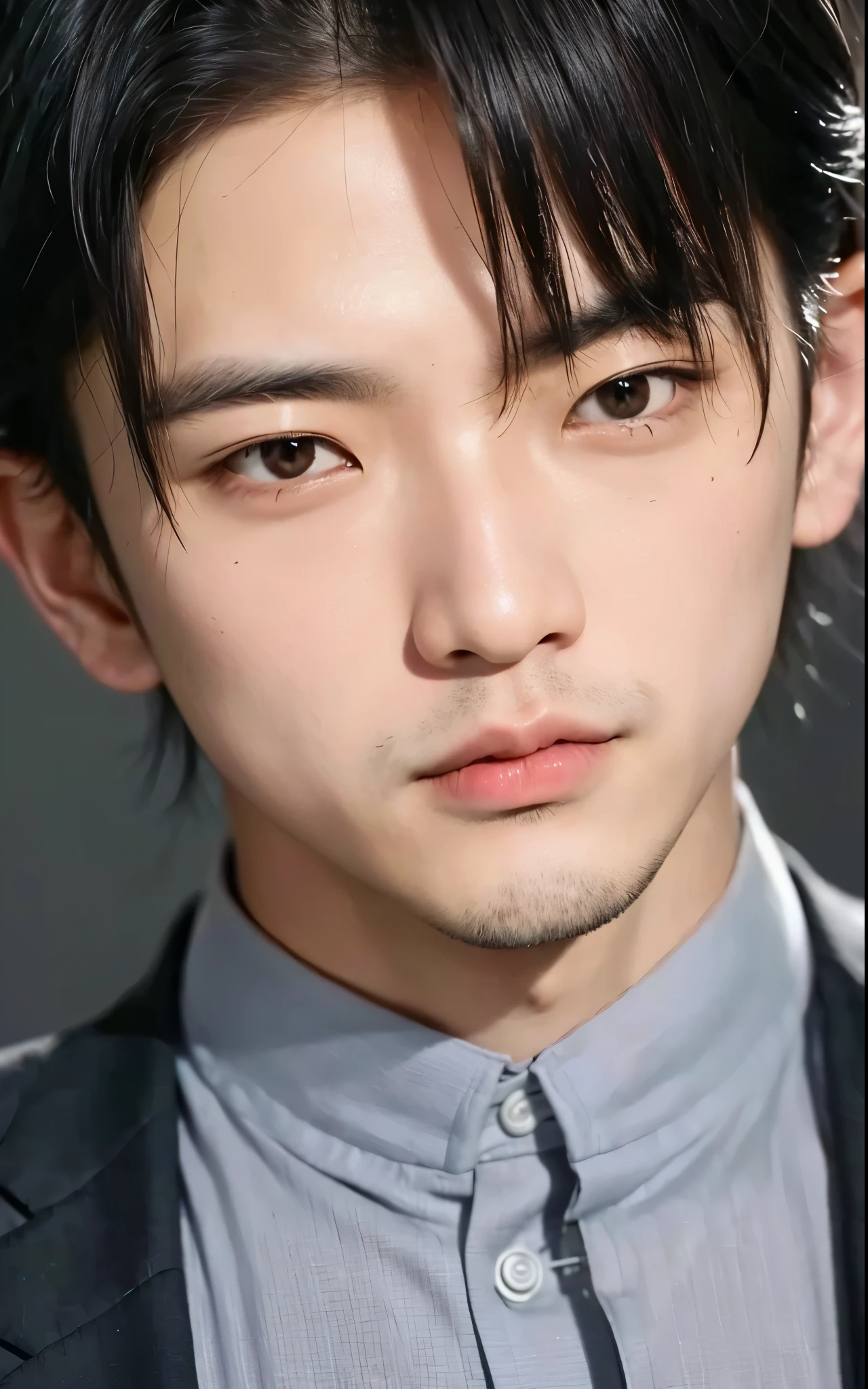 asian man, black hair, serious face