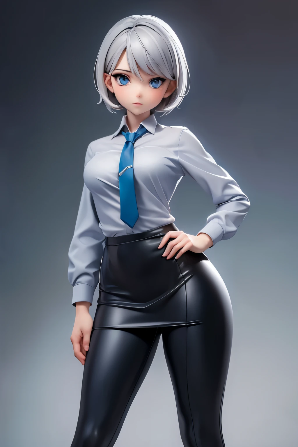 masterpiece, highest quality, High resolution, 1 girl, Gray Hair, short hair, blue eyes, Medium chest, OL, tie, Black suit, Pencil Skirt, Please put your hands on your hips, Outdoor,Idol Master，，Anastasia，Knee-high boots，pants suit