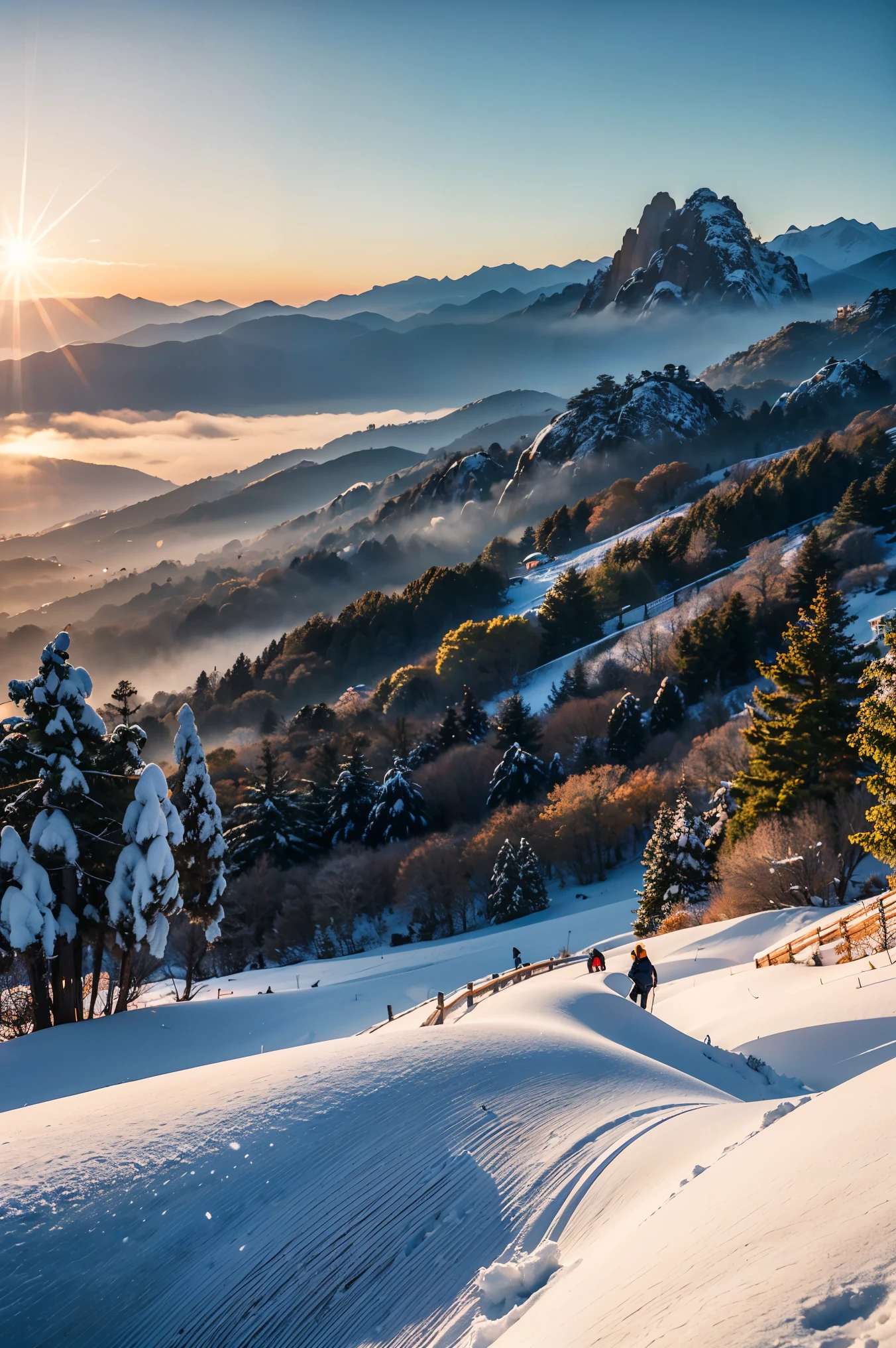 Aaron DouglasLandscape Photography, huangshan, pine, Snow Scene, Snow Scene, Snow Scene, sunrise, Golden Hour, ((most, 51, good quality、8K、masterpiece:1.3))、Photo realism, Sharp focus, high quality images, quality, photography, HDR, high quality, HD, 8K
