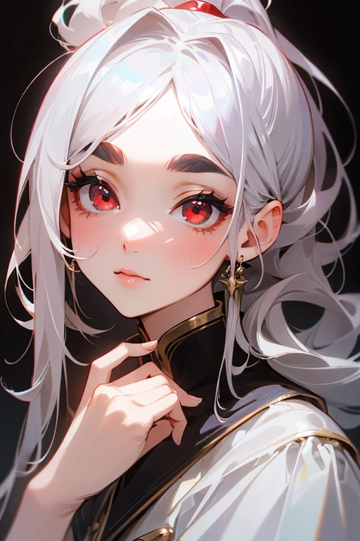 (highest quality, masterpiece:1.2), High resolution, Very detailed, Realistic:1.37, Fantasy, An illustration, Hair is whiteいです、Red eyes、Queen, White Dress.Platinum decoration、beautifully、Eyeshadow Red、Thick eyebrows、Long eyelashes、pupils are black、Hair is whiteい、Kissing Face、Embarrassing、Loved、ponytail、Hair is white、very cute、