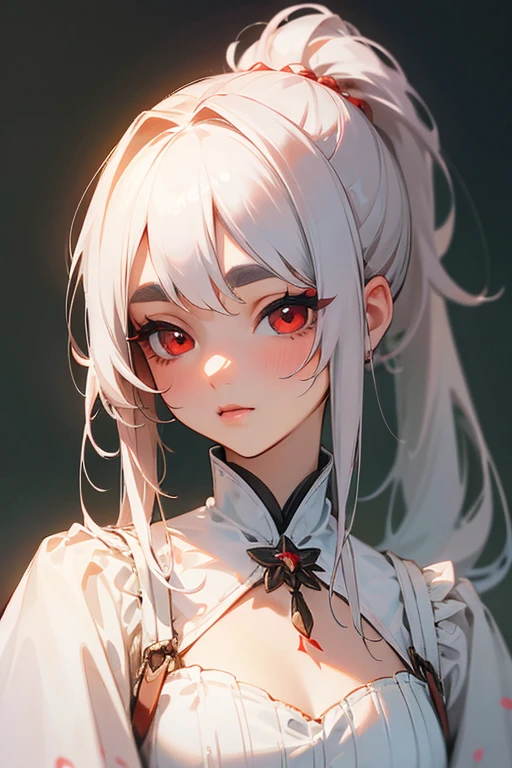 (highest quality, masterpiece:1.2), High resolution, Very detailed, Realistic:1.37, Fantasy, An illustration, Hair is whiteいです、Red eyes、Queen, White Dress.Platinum decoration、beautifully、Eyeshadow Red、Thick eyebrows、Long eyelashes、pupils are black、Hair is whiteい、Kissing Face、Embarrassing、Loved、ponytail、Hair is white、very cute、