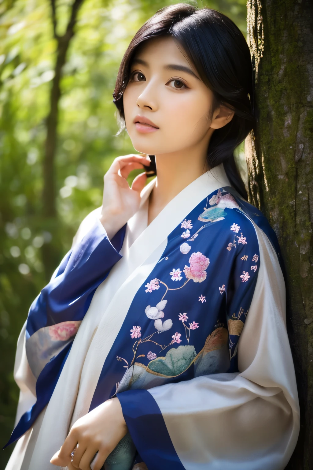 (masterpiece, high-level image quality, high quality), (Mystical scene:1.5, Nature; hymn of:1.4, natural mountain of wood, mountain stream), Japanese woman, modeled, Good looks, Perfect, detailed face, detailed eyes, sad, Black hair swaying in the wind, transparent silk garment, Heavenly daughter, suns, ,somewhere on the earth,