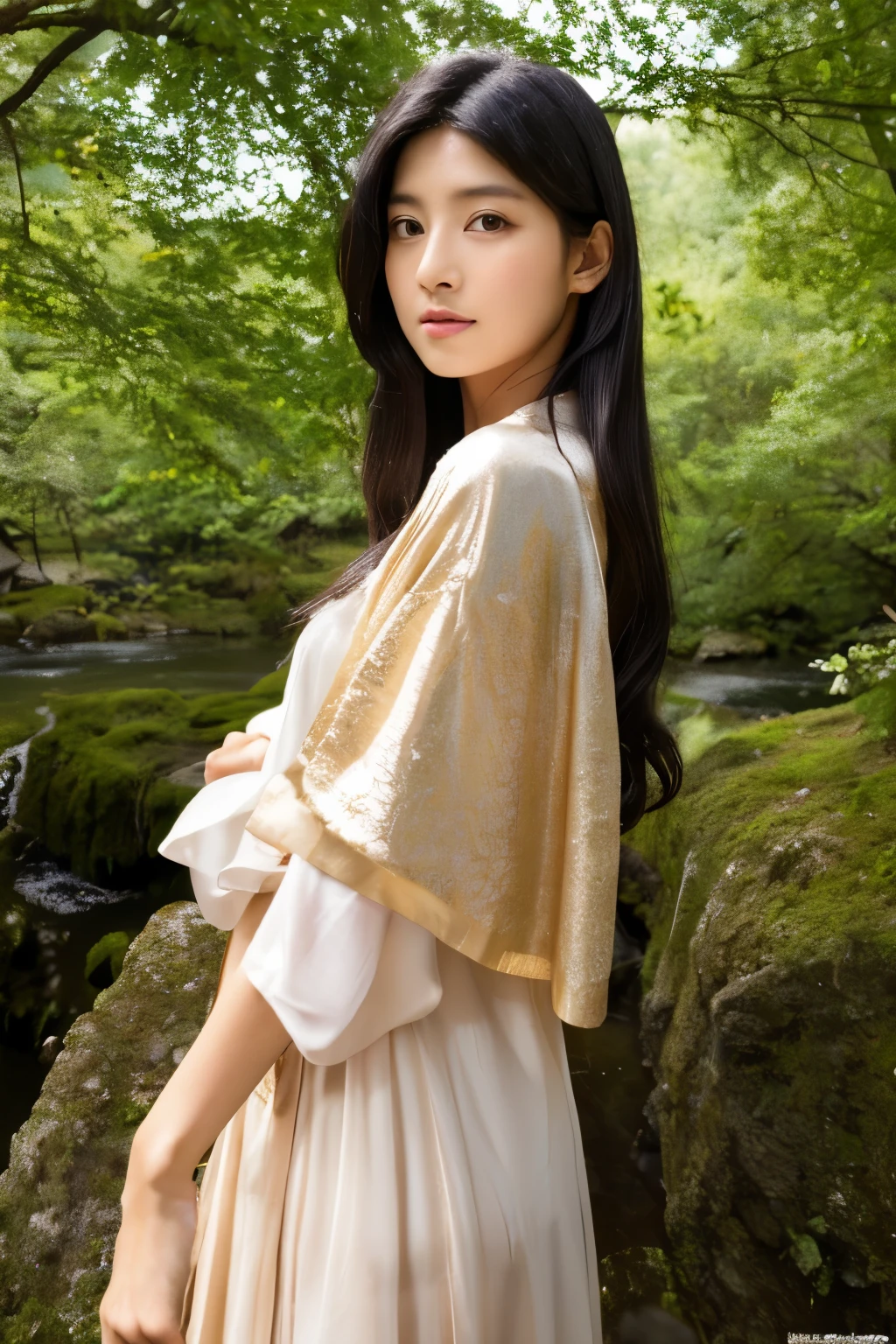 (masterpiece, high-level image quality, high quality), (Mystical scene:1.5, Nature; hymn of:1.4, natural mountain of wood, mountain stream), Japanese woman, modeled, Good looks, Perfect, detailed face, detailed eyes, sad, Black hair swaying in the wind, transparent silk garment, Heavenly daughter, suns, ,somewhere on the earth, 