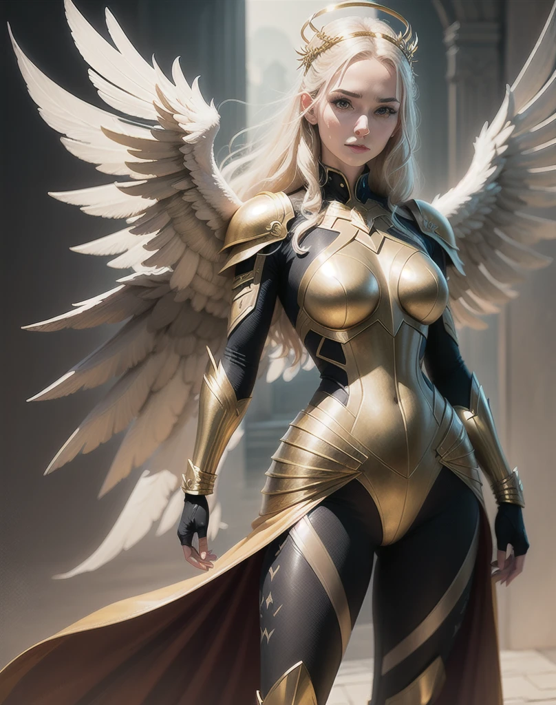 a woman in a superhero costume posing for a picture, angelic golden armor, in style of anne stokes, brom redshift, marvel comic book characters, four wings, in style of mark arian, the motherland calls, sleek metal head, by François Quesnel, wearing a golden halo