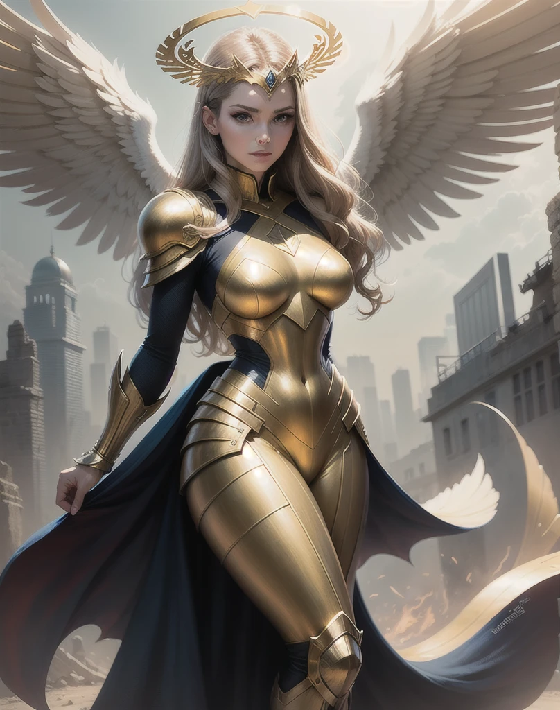 a woman in a superhero costume posing for a picture, angelic golden armor, in style of anne stokes, brom redshift, marvel comic book characters, four wings, in style of mark arian, the motherland calls, sleek metal head, by François Quesnel, wearing a golden halo