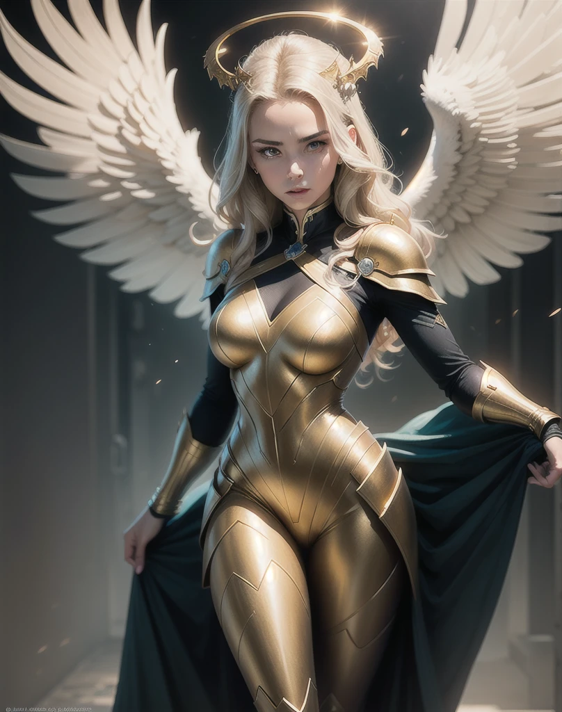 Anjo blindado dourado, Asas feitas de energia, metallic halo, sem rosto, encapuzado, ouro, fantasia, arte conceitual, ultra realistic, Arte dos personagens por Greg Rutkowski
