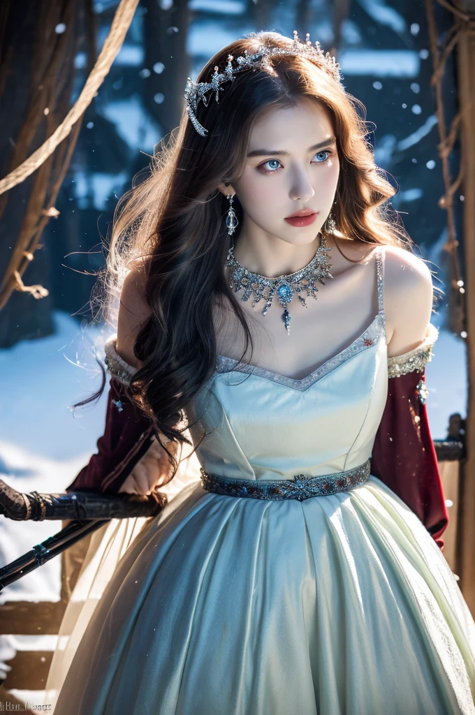 ( masterpiece, top quality, best quality,8k,17 years old girl,ultra detailed,raw photo:1.5),(photorealistic:1.4),(cinematic lighting), PerfectNwsjMajic, , Surrealism, UHD, ccurate, Super detail, textured skin, High detail, Best quality, dynamic angle, (high nose,White skin),[Beautiful blue eyes],[flat chest:large breasts:0.5],(1girl),(good anatomy:0.5)), of a woman in a dress with a sword, a beautiful fantasy empress, ((a beautiful fantasy empress)), beautiful fantasy maiden,snow, jewelry, splendor 