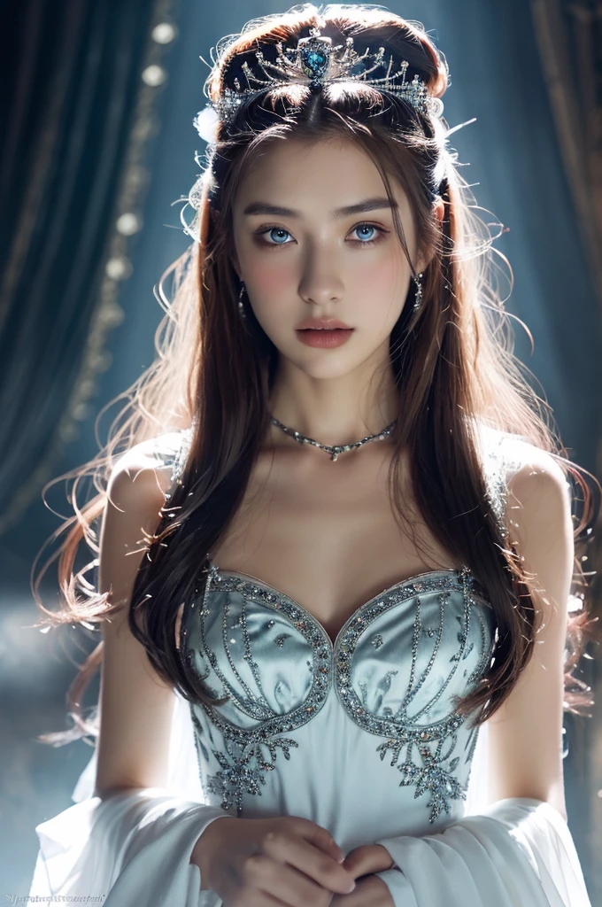 ( masterpiece, top quality, best quality,8k, girl,ultra detailed,raw photo:1.5),(photorealistic:1.4),(cinematic lighting), PerfectNwsjMajic, , Surrealism, UHD, ccurate, Super detail, textured skin, High detail, Best quality, dynamic angle, (high nose,White skin),[Beautiful blue eyes],[flat chest:large breasts:0.5],(1girl),(good anatomy:0.5)), of a woman in a dress with a sword, a beautiful fantasy empress, ((a beautiful fantasy empress)), beautiful fantasy maiden,snow, jewelry, splendor 