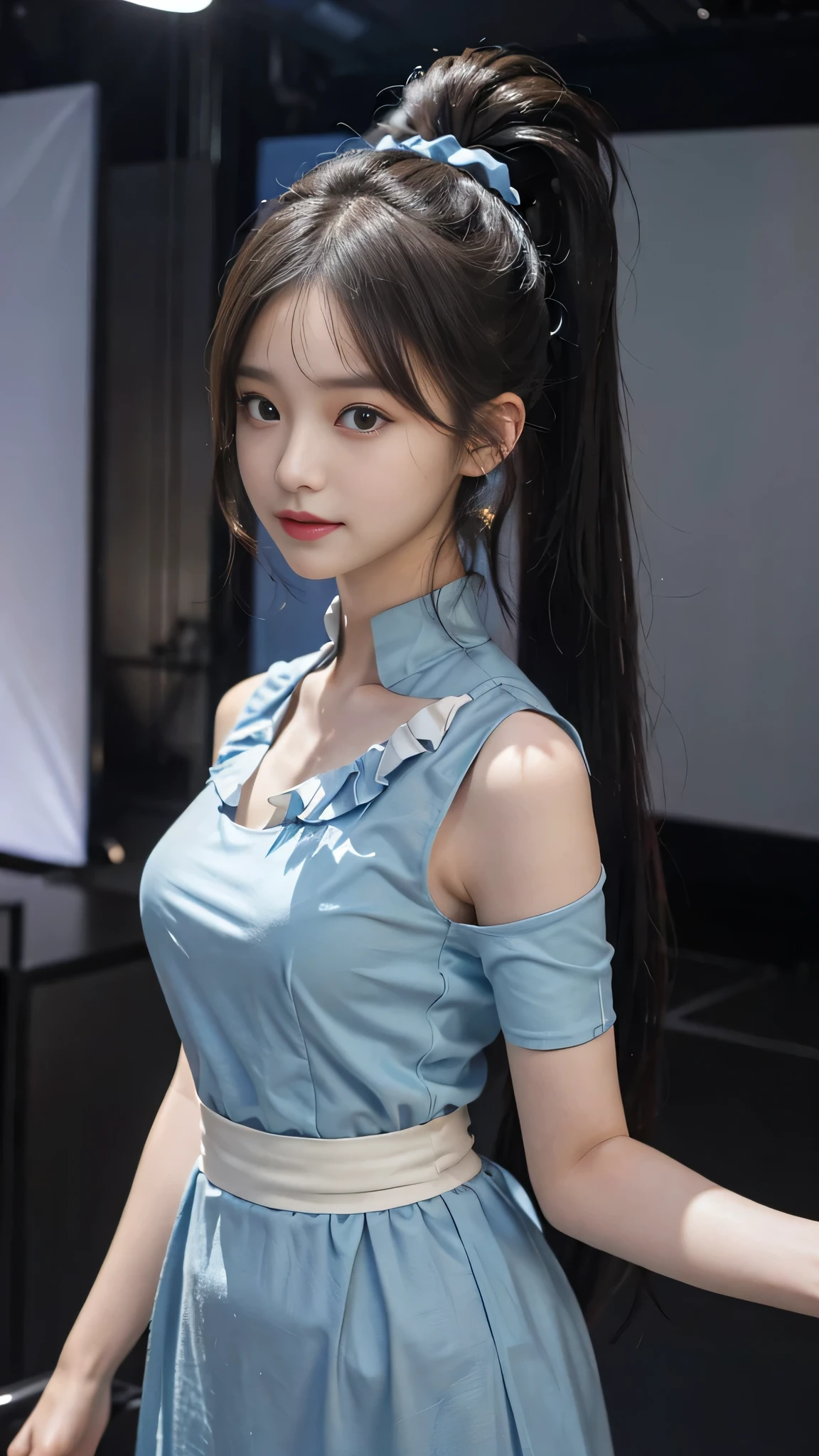 Close up face,standing on stage,Blue colored long dress with lots of ruffles,One woman,masutepiece, The highest image quality, High quality, the background is clear,Beautiful woman, Japanese, Detailed, Detailed eyes, Detailed skin, Beautiful skin, 超hight resolution, (reality: 1.4),Very beautiful woman, Slightly younger face, Beautiful skin, slender, (Ultra photo realsisim), (hight resolution), (8K), (Very detailed) (beautifully detailed eyes), (super detailed), (Detailed face), view the viewer, Fine details, Detailed face, Staring straight ahead, Staring straight ahead, photos realistic, Bright lighting, Professional Lighting, Black hair,poneyTail,a baby face,fifteen years old,Hairstyle: ponytail,Long ponytail hairstyle,slight smile,neat and tidy clothing,Beautiful Japanese KPOP idol photo, hair style is ponytail, my eyes are double and wide, baby face, smile and look straight ahead, slender, small breasts,Blue ribbon on head,Close up face,