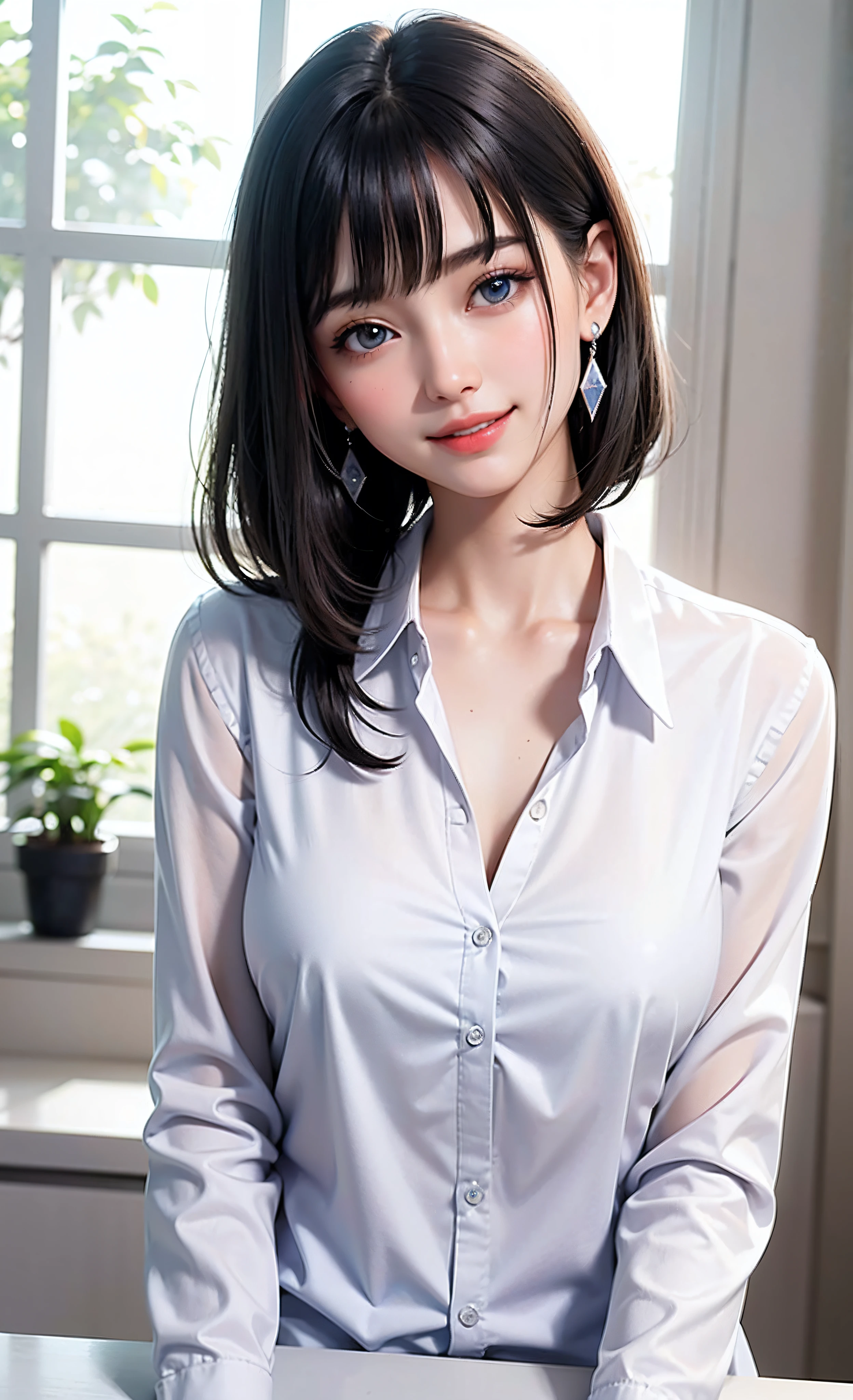 (high resolution、High definition、high quality、High resolution、すべてをHigh resolutionで描画する)、Vivid crystal light blue eyes、Small diamond-shaped earrings、Gaze firmly at the camera、Listen carefully、Beautiful very short black hair、Beautiful hair with beautiful and very short bangs、Straight Beauty Bang、Beautiful décolletage、Beautiful 28 years old、Lip gloss、Long neck、Smile、Beautiful teeth alignment、Beauty、Beautiful woman、Pure white open-collar business shirt、Pure white business shirt with open chest、Lengthen the left and right ends of bangs、Beautiful composition、Composition facing to the right