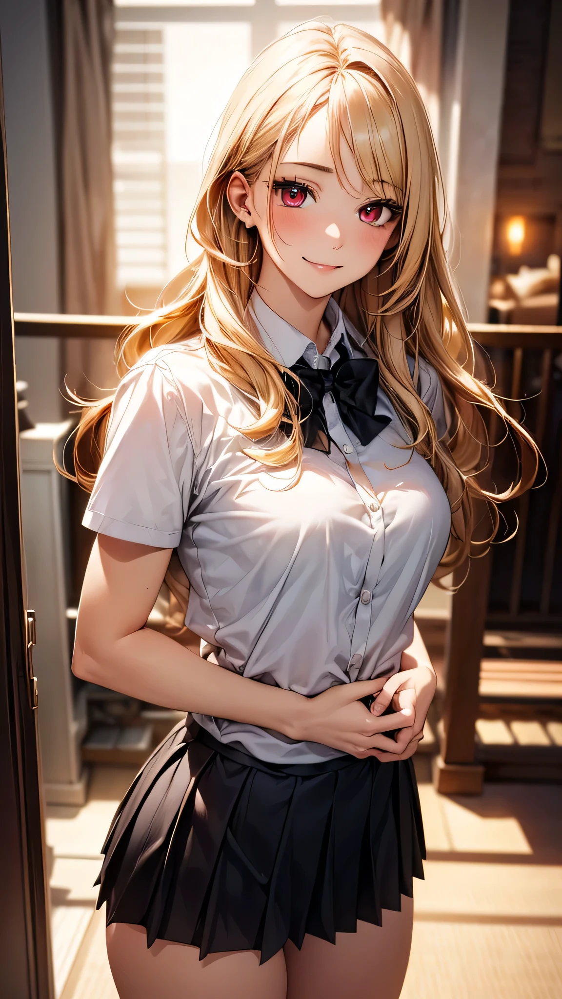 (masterpiece:1.2, highest quality), (Realistic, photoRealistic:1.4), Beautiful illustrations, (Natural Side Lighting, Cinema Lighting), Browsing Caution, 
View your viewers, Cowboy Shot, Front view:0.6, 1 girl, Japanese, high school girl, Perfect Face, Cute and symmetrical face, Shiny skin, 
(Long Hair:1.5, Wavy Hair:1.4, Blonde), Swept-apart bangs, Dark red eyes, Long Eyelashes, (, Thick thighs, Big ), 
Beautiful Hair, Beautiful Face, Beautiful fine details, Beautiful clavicle, Beautiful body, Beautiful , Beautiful thighs, Beautiful feet, Beautiful fingers, 
((White collared shirt, black pleated mini skirt), Dark red bow tie), 
(Beautiful views), evening, River side, Are standing, (Cute smile, Upward glance), 