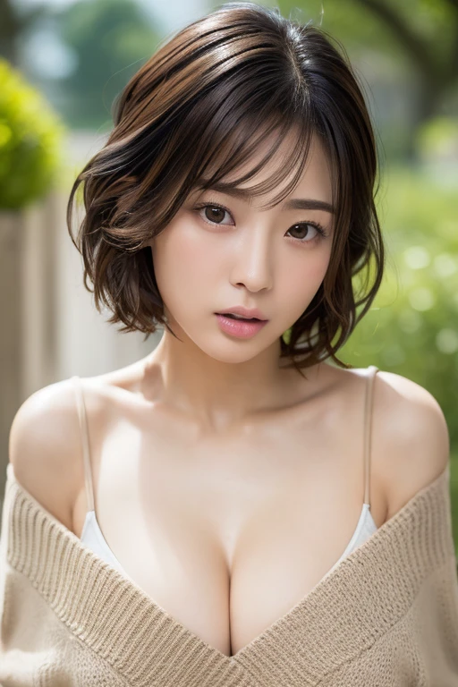 (masterpiece:1.3), (8k, Photorealistic, Raw photo, Best image quality: 1.4), Japanese women、A little old woman、Woman in her 40iddle-aged woman、(Random Hairstyles:1.2)、Cleavage:1.2、Super detailed face、Attention to detail、Slanted Eyes、double eyelid、Put your chest together、Sharp focus:1.2、Light brown hair、Sporty short hair、Wet Hair、highest quality、masterpiece、超A high resolution、(Photorealistic:1.4)、Highly detailed and professionally lit sleepy look、Loose, lightweight knitwear、Shoulder out、thin、Open your mouth wide、Stick your tongue out、Deadly position