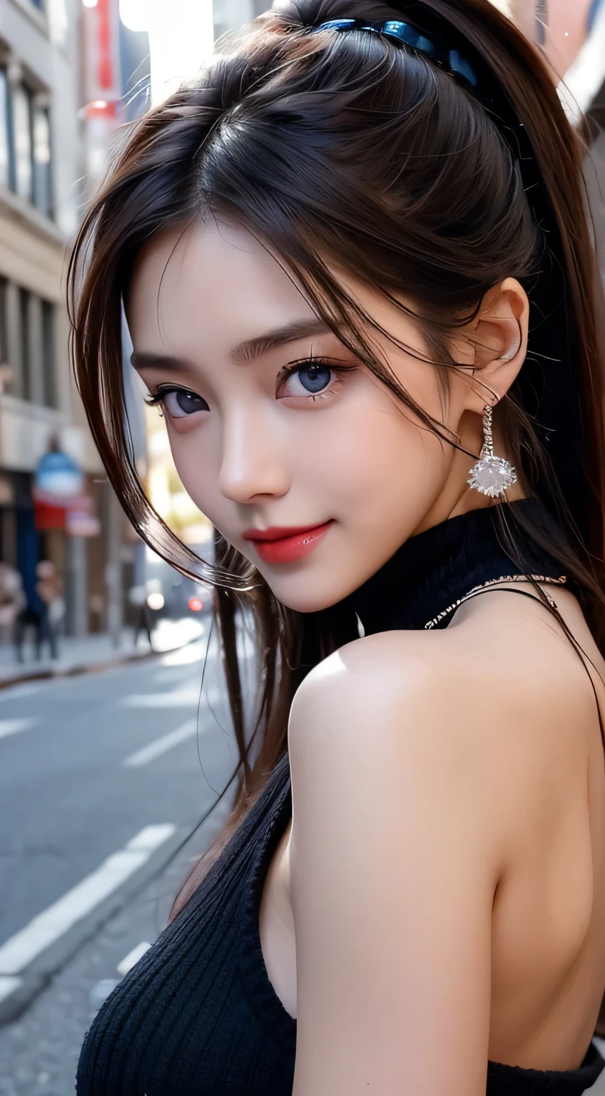 Urban beautiful girl college , masterpiece, light makeup, Red lips, Silver Hair, Disheveled long hair, Street background, beautiful, elegant. Extremely fine detail, Master Works, Authentic texture, Realism in film lighting, Perfect job, 16k, High resolution, exquisite features,blue eyes、Japanese Idols、Beautiful face、Cute Smile、Brown Hair、beautiful hair、ponytail、glamorous、 Big Breasts、Erect nipples、Greasy muscle、Shiny skin、Sunburned skin、Shining black skin、Sexy knitted sweaters, Bright big eyes, Smooth skin, Earrings, necklace, tattoo
