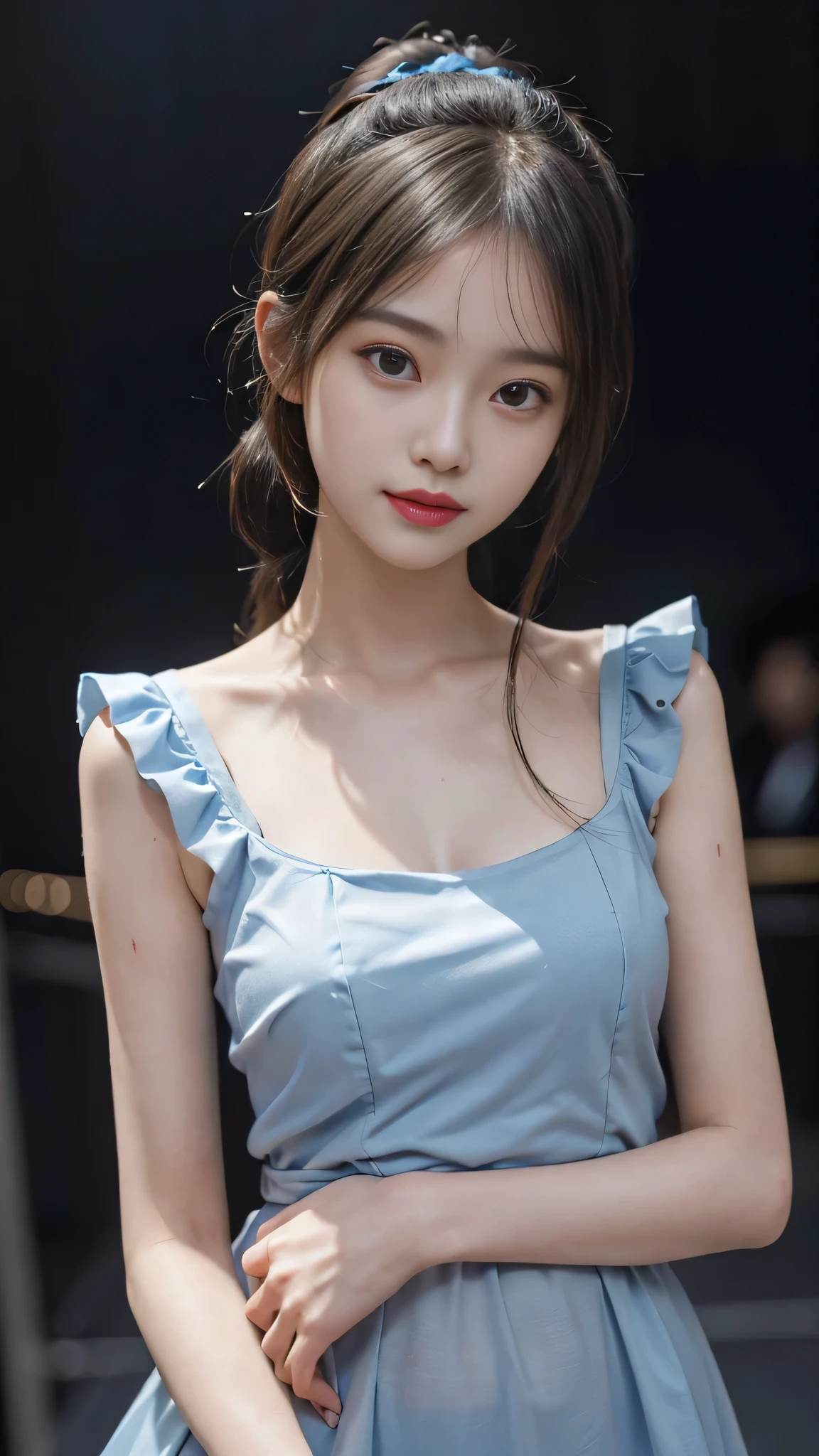 Close up face,standing on stage,Blue colored long dress with lots of ruffles,One woman,masutepiece, The highest image quality, High quality, the background is clear,Beautiful woman, Japanese, Detailed, Detailed eyes, Detailed skin, Beautiful skin, 超hight resolution, (reality: 1.4),Very beautiful woman, Slightly younger face, Beautiful skin, slender, (Ultra photo realsisim), (hight resolution), (8K), (Very detailed) (beautifully detailed eyes), (super detailed), (Detailed face), view the viewer, Fine details, Detailed face, Staring straight ahead, Staring straight ahead, photos realistic, Bright lighting, Professional Lighting, Black hair,poneyTail,a baby face,fifteen years old,Hairstyle: ponytail,Long ponytail hairstyle,slight smile,neat and tidy clothing,Beautiful Japanese KPOP idol photo, hair style is ponytail, my eyes are double and wide, baby face, smile and look straight ahead, slender, small breasts,Blue ribbon on head,Close up face,