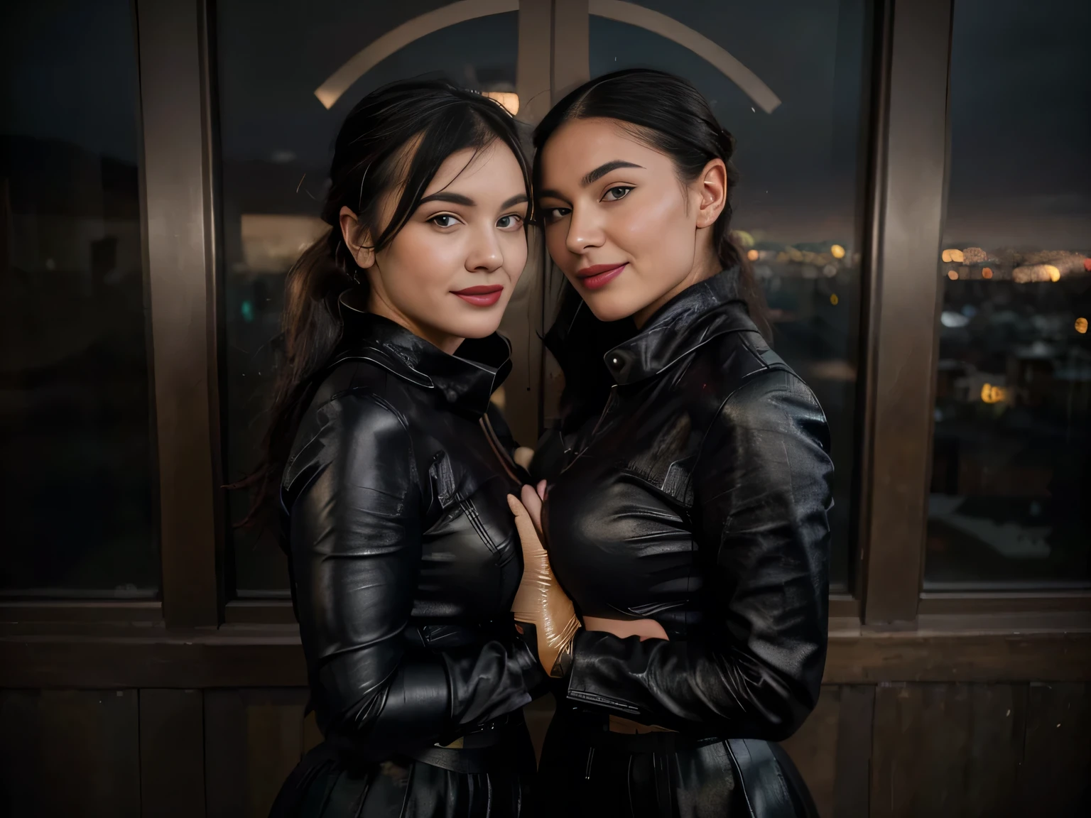 proFessional photograph oF a gorgeous smiling happy soaked Bettie page girl and her sister, dressed with a large black leather coat,ponytail Black hair, red lipstick,black long maxi-skirt(black long maxi-skirt:1.2),sultry Flirty look, gorgeous symmetrical Face, joli maquillage naturel, wearing elegant warm winter Fashion clothing,flirting with the camera, ((black leather gloves)), ((on a mountain kissing a gorgeous blonde woman dressed in satin dress)), ultra realistic, art conceptuel, elegant, Very detailed, complexe, sharp Focus, depth oF Field, F/1. 8, 85mm, (((proFessionally color graded))), bright soFt diFFused light, (volumetric Fog), tendance sur Instagram, hdr 4k, 8K