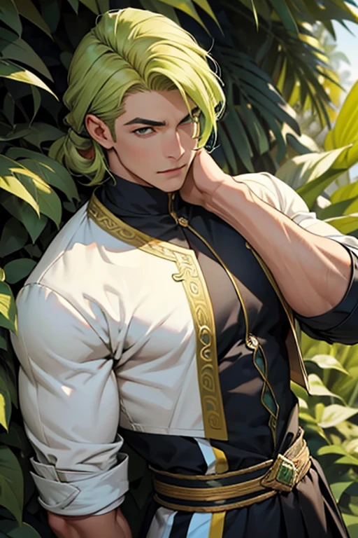 homem masculino bonito, olhos verdes, cabelo loiro acinzentado, Cabelo comprido na altura dos ombros, roupas nobres medievais verdes, pele clara