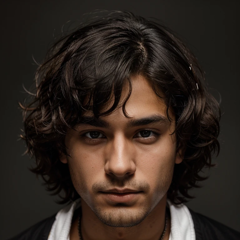 24 year young handsome boy with black colour back ground , he's looking at camera focus on his face he's hair is curly and silky mix