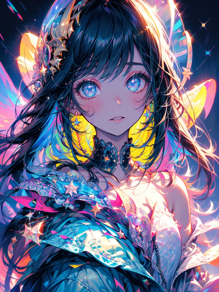 High detail, super detail, super high resolution, girl enjoying her time in the dream galaxy, surrounded by stars, warm light sprinkled on her, background is starry sky with colorful galaxies and galaxy clouds, stars flying around her, delicate face, adding playful atmosphere ,