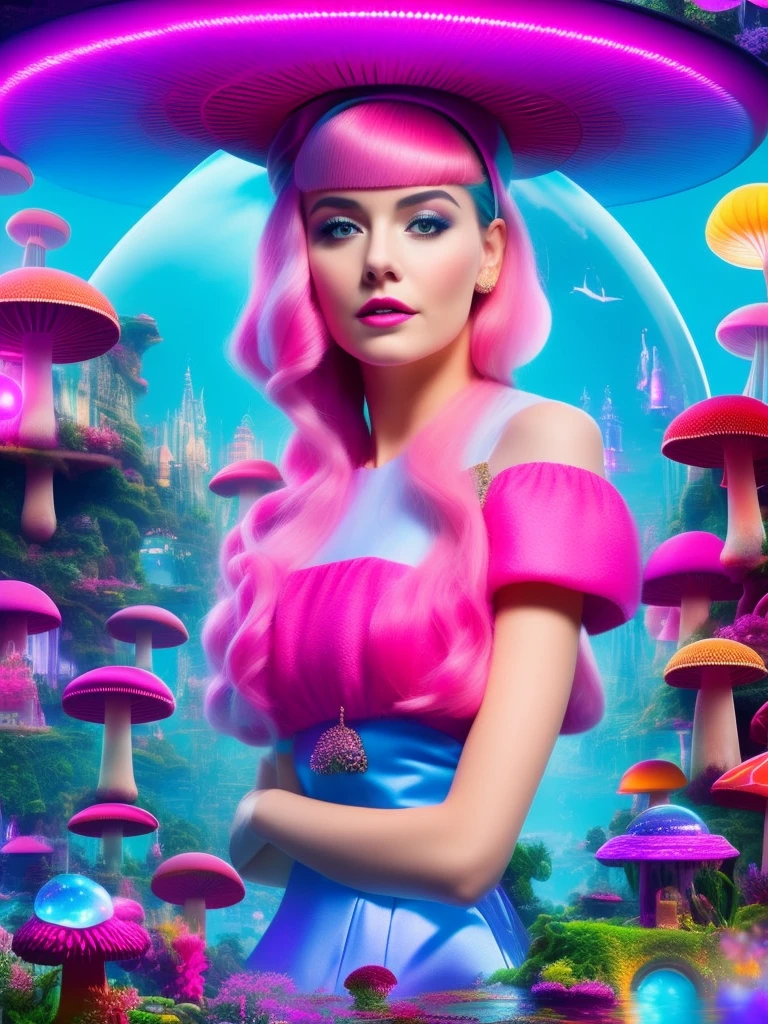 Girl with pink hair, mushroom city in a bubble, neons, Alice in Diffusion land