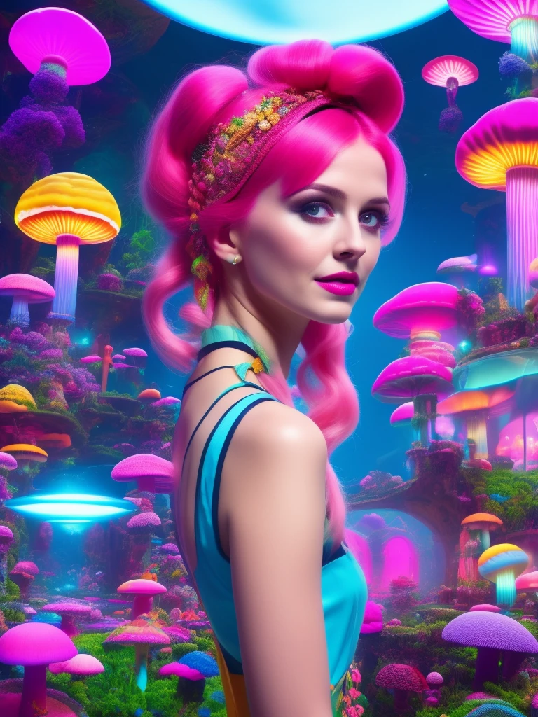 Girl with pink hair, mushroom city in a bubble, neons, Alice in Diffusion land