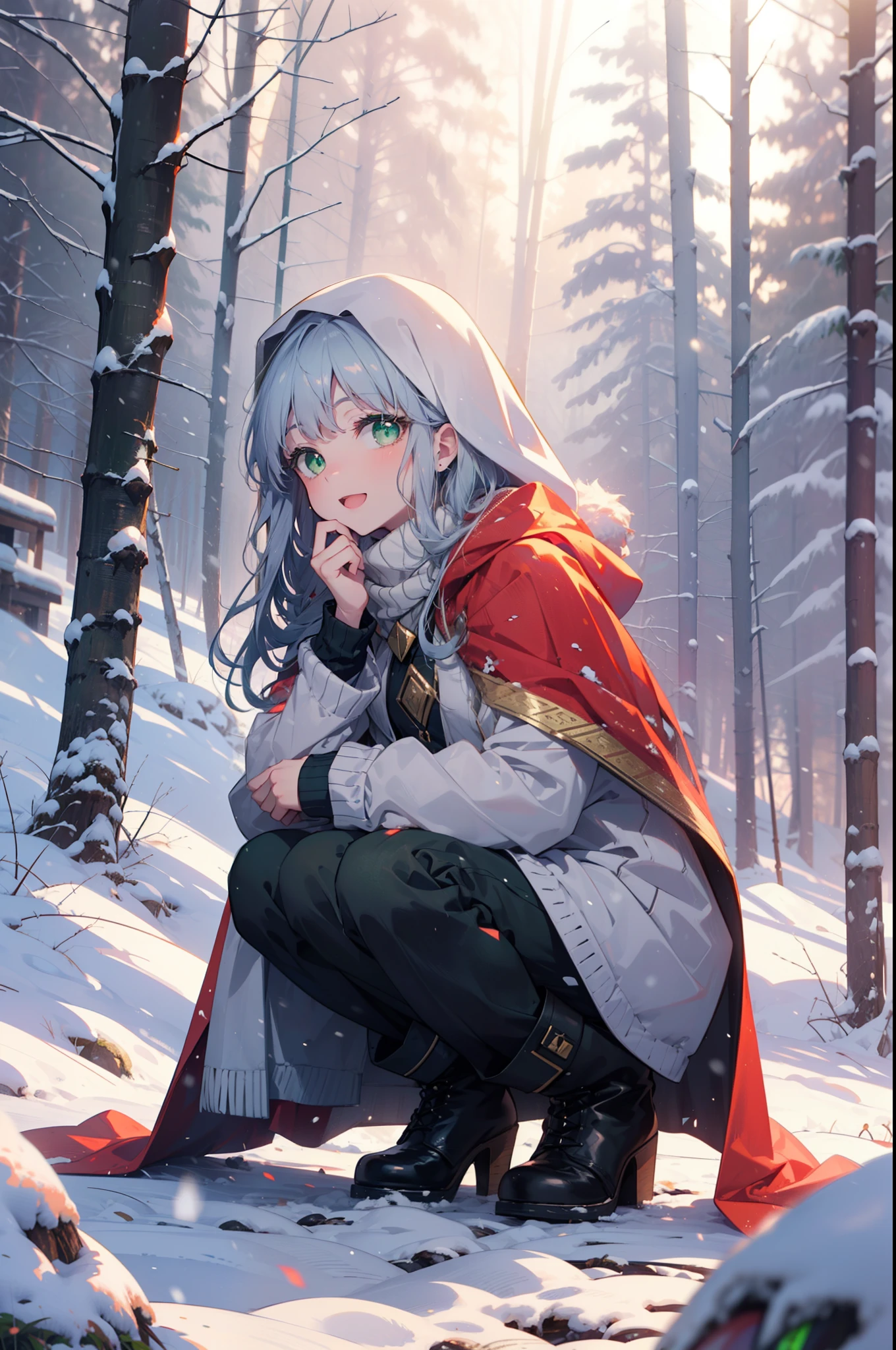 index, index, (Green Eyes:1.5), Silver Hair, Long Hair, (Flat Chest:1.2),happy smile, smile, Open your mouth,
Open your mouth,snow, fire, Outdoor, boots, snowing, From the side, wood, suitcase, Cape, Blurred, Food Up, forest, White handbag, nature,  Squat, Mouth closed, フードed Cape, winter, Written boundary depth, Black shoes, red Cape break looking at viewer, Upper Body, whole body, break Outdoor, forest, nature, break (masterpiece:1.2), highest quality, High resolution, unity 8k wallpaper, (shape:0.8), (Beautiful and beautiful eyes:1.6), Highly detailed face, Perfect lighting, Extremely detailed CG, (Perfect hands, Perfect Anatomy),