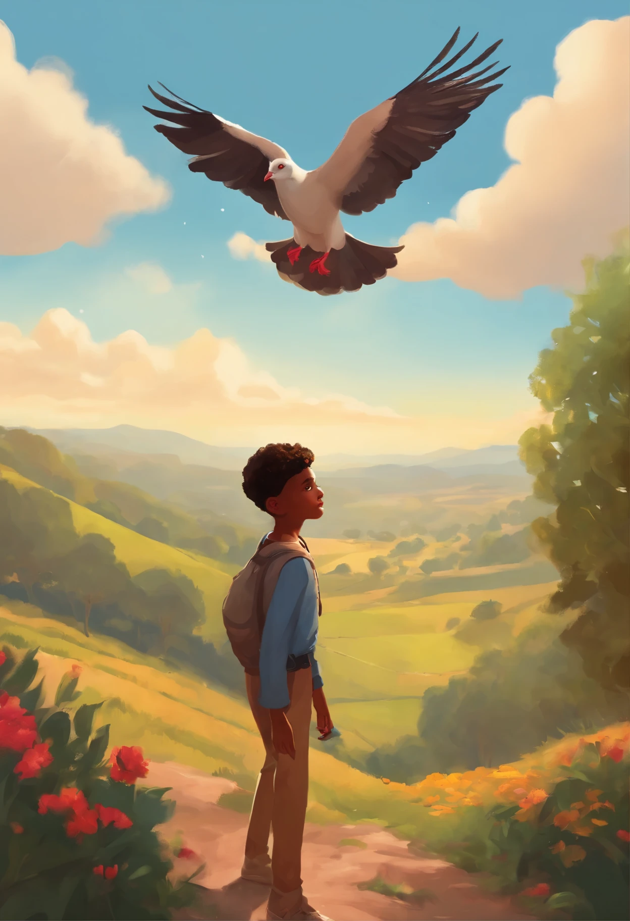 The teen lightskin boy  carries a pigeon，standing on a hill，Look at the sky make it more sunny heading towards a festival that says sun kissed