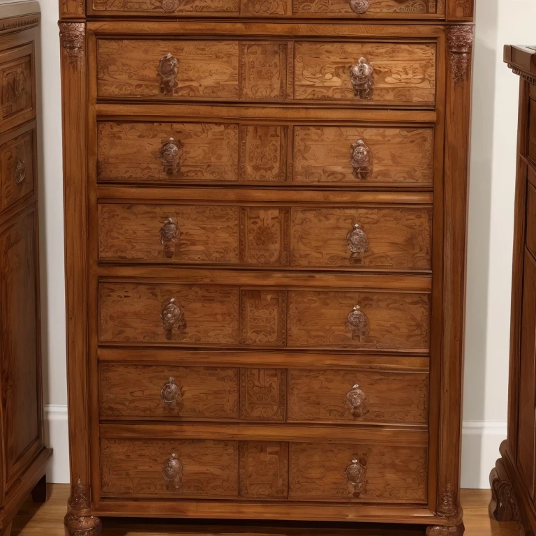 (Masterpiece, best quality), A tall cabinet with intricately crafted small wooden drawers, resembling a piece from an antique shop, stands against a muted background. The cabinet's rich defined wood grain texture shines under the soft, warm lighting. Each drawer handle, meticulously designed with intricate carvings, invites careful exploration. The cabinet's proportions perfectly harmonize height and width, reflecting a balance of elegance and functionality. Ultra High Definition, Photo-realistic: 1.5, 1 object, detailed wooden cabinet, tall design, intricate small drawers, textured wood grain, softly lit, balanced proportion, fine details.