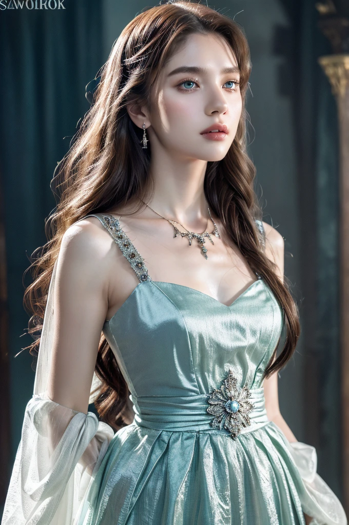 ( masterpiece, top quality, best quality,8k,17 years old girl,ultra detailed,raw photo:1.5),(photorealistic:1.4),(cinematic lighting), PerfectNwsjMajic, , Surrealism, UHD, ccurate, Super detail, textured skin, High detail, Best quality, dynamic angle, (high nose,White skin),[Beautiful blue eyes],[flat chest:large breasts:0.5],(1girl),(good anatomy:0.5)), of a woman in a dress with a sword, a beautiful fantasy empress, ((a beautiful fantasy empress)), beautiful fantasy maiden, jewelry, splendor 