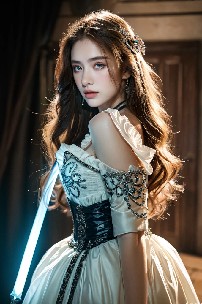 ( masterpiece, top quality, best quality,8k,17 years old girl,ultra detailed,raw photo:1.5),(photorealistic:1.4),(cinematic lighting), PerfectNwsjMajic, , Surrealism, UHD, ccurate, Super detail, textured skin, High detail, Best quality, dynamic angle, (high nose,White skin),[Beautiful blue eyes],[flat chest:large breasts:0.5],(1girl),(good anatomy:0.5)), of a woman in a dress with a sword, a beautiful fantasy empress, ((a beautiful fantasy empress)), beautiful fantasy maiden, jewelry, splendor 