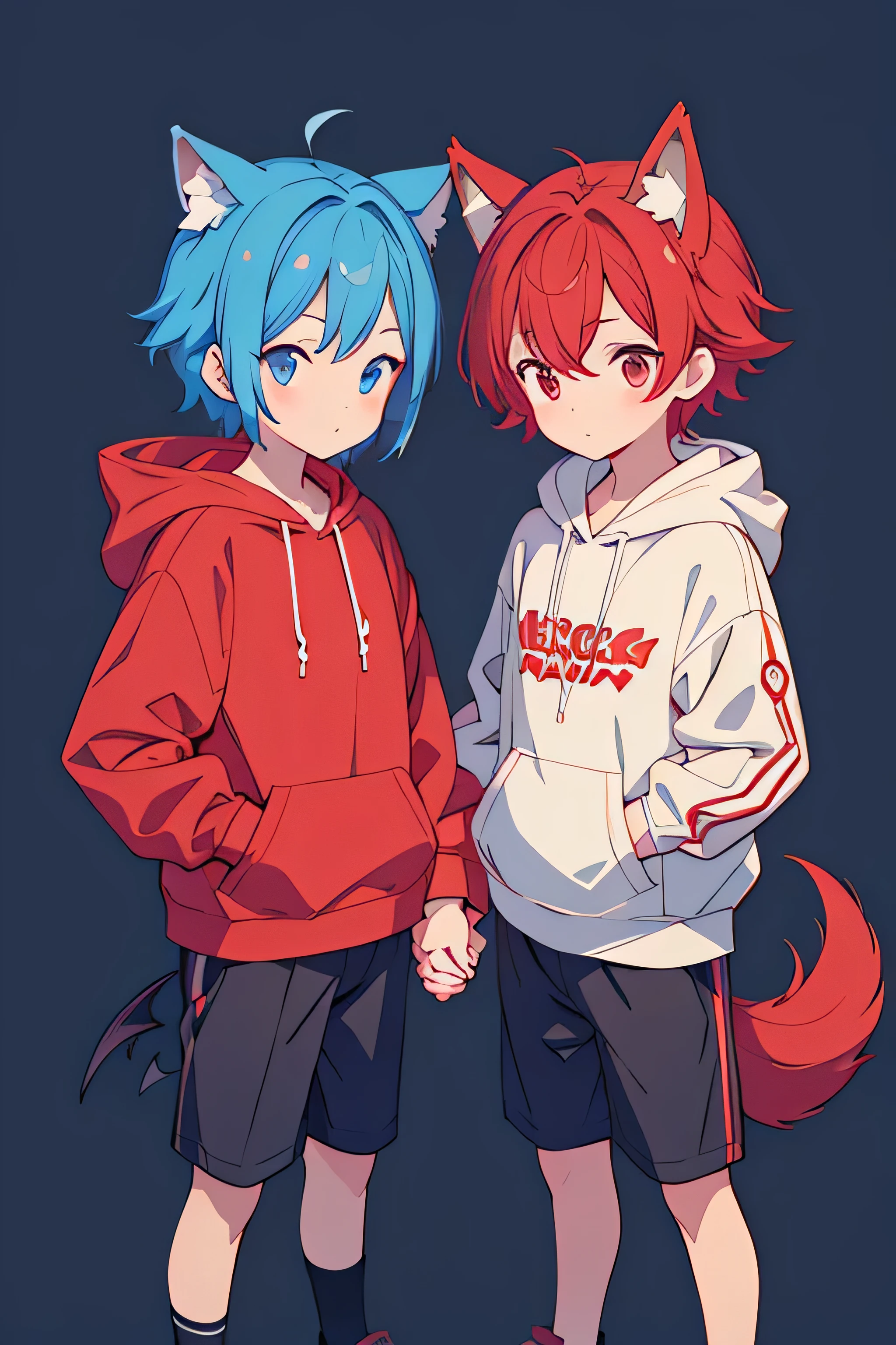 A picture of a pair of little boys holding hands, one with red hair and wolf ears wearing a red open hoodie, and the other with blue hair and demon horns