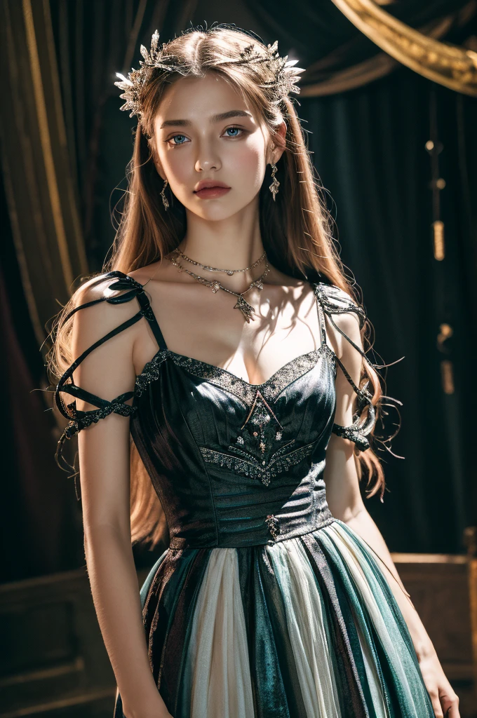 (realistic:1.3), finely detailed, quality, rembrandt lighting, (masterpiece:1.2), (photorealistic:1.2), (best quality), (detailed skin:1.3), (intricate details), dramatic, ray tracing, 1girl, 21 years old, detailed skin texture, (blush:0.5), (goosebumps:0.5), subsurface scattering, smiling, medium breasts, bangs, hair between eyes, aalisa, long hair, ponytail, grey eyes, earrings, mini hat, lace, frilled gothic dress, rose, black dress, sleeveless, bare arms, black gloves,  cowboy shot, (on performance stage, singing, bright spotlights), <lora:imai_lisa_v1.1:0.7>
