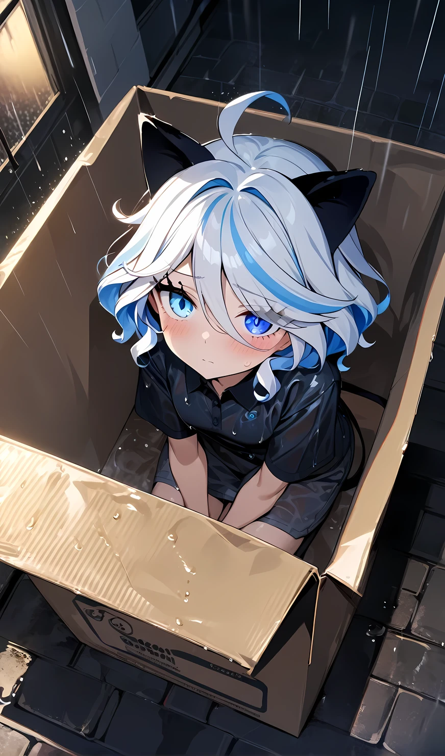 Furina, 1 girl, cat_noir, cat ears,  sitting in a cardboard box, for adoption, in a box, streets, night, rain, raining, wet clothes, wet hair, from above, looking at viewer, shy, very shy, masterpiece, best quality, very aesthetic, absurdres